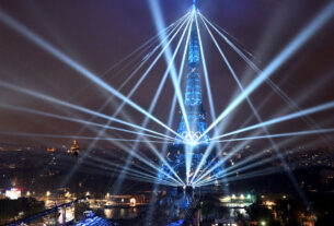 Elaborado show de luzes projetado da Torre Eiffel