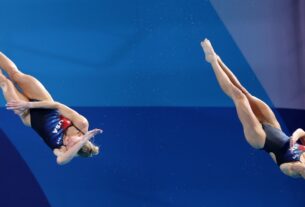 Saltadores americanos Sarah Bacon e Kassidy Cook ganham prata no trampolim sincronizado