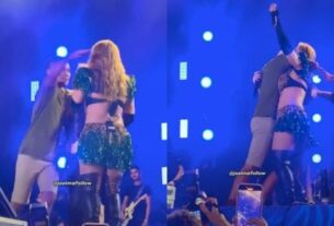 Susto! Fã invade palco e abraça Joelma e Luísa Sonza em show