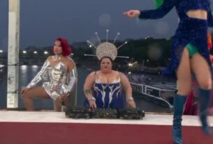 Vinheta de moda da cerimônia de abertura apresenta drag queens