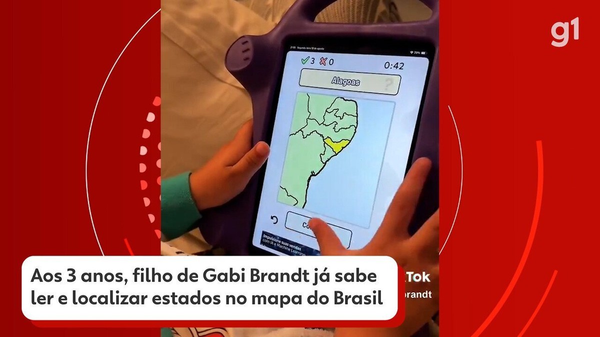 Aos 3 anos, filho da influencer Gabi Brandt já sabe ler e localizar os estados do Brasil no mapa; você ganharia dele no jogo? Faça TESTE | Educação