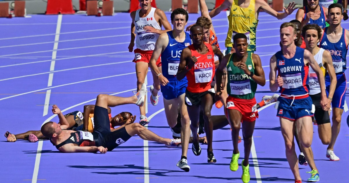 Queda massiva na bateria dos 5000m masculinos nas Olimpíadas de Paris