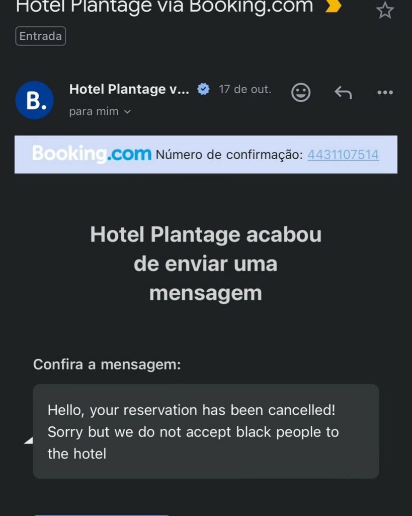 'Não aceitamos pessoas negras': artista brasileiro recebe mensagem racista em nome de hotel, que diz ter sido vítima de e-mail falso