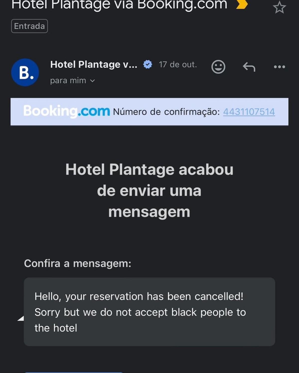 'Não aceitamos pessoas negras': artista brasileiro recebe mensagem racista em nome de hotel, que diz ter sido vítima de e-mail falso