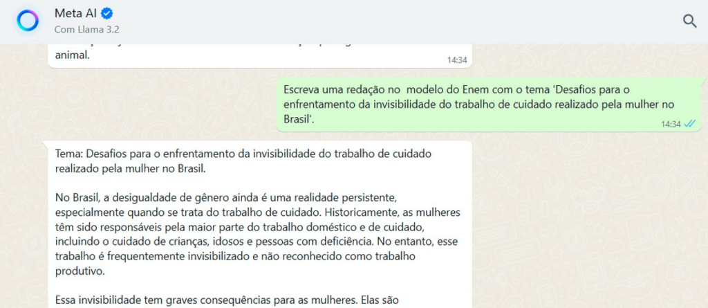 Que nota a Meta AI, inteligência artificial do Whatsapp, tiraria na redação do Enem?