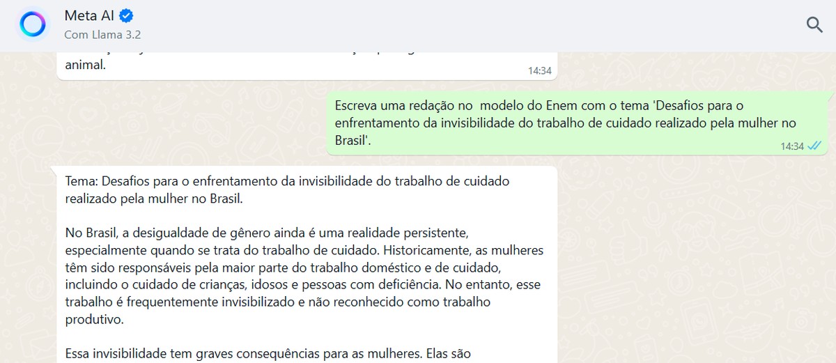 Que nota a Meta AI, inteligência artificial do Whatsapp, tiraria na redação do Enem?