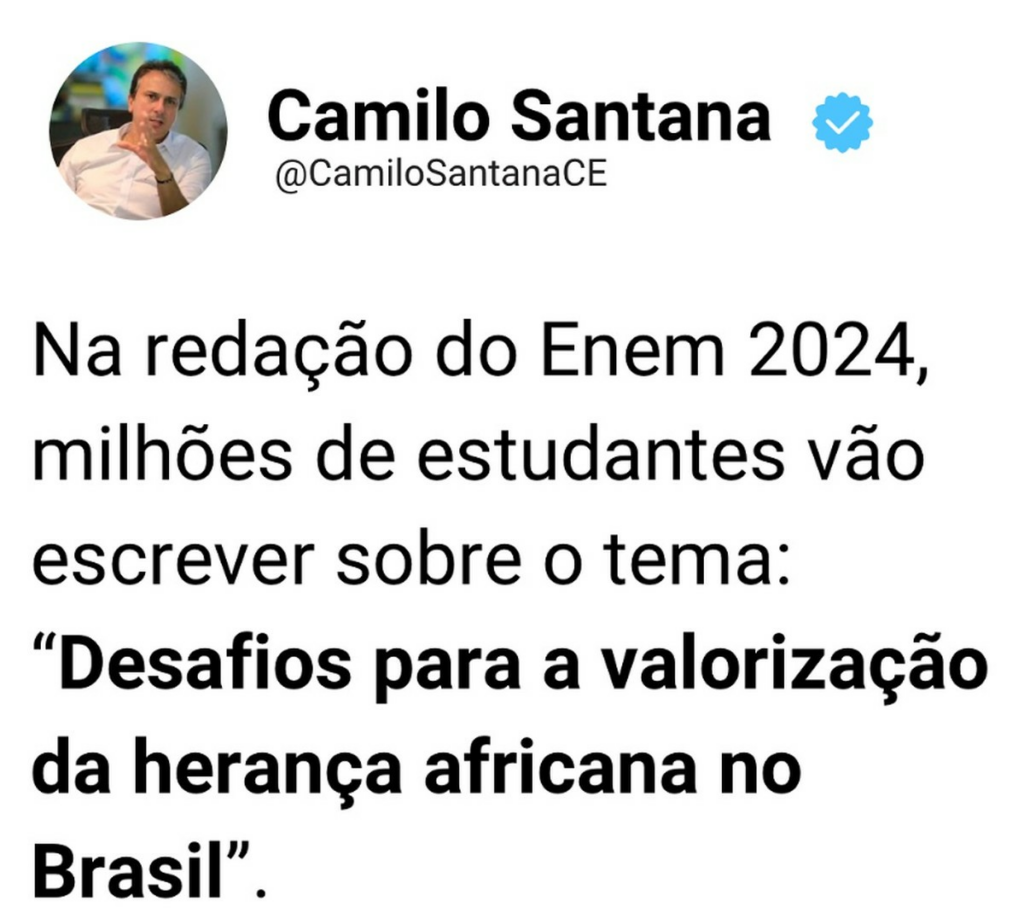 Tema da redação do Enem 2024 é 'Desafios para a valorização da herança africana no Brasil'