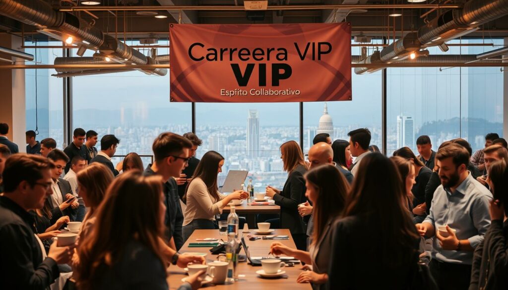 A bustling co-working space, bathed in warm, ambient lighting. In the foreground, a group of professionals engaged in lively discussions, exchanging business cards and ideas over steaming cups of coffee. In the middle ground, a "Carreira VIP" banner hangs overhead, symbolizing the collaborative, entrepreneurial spirit. The background reveals a panoramic view of the city skyline, hinting at the expansive network and opportunities available. The overall atmosphere exudes a sense of productivity, connectivity, and the "Espírito Colaborativo" that fuels successful entrepreneurship. A bustling co-working space, bathed in warm, ambient lighting. In the foreground, a group of professionals engaged in lively discussions, exchanging business cards and ideas over steaming cups of coffee. In the middle ground, a "Carreira VIP" banner hangs overhead, symbolizing the collaborative, entrepreneurial spirit. The background reveals a panoramic view of the city skyline, hinting at the expansive network and opportunities available. The overall atmosphere exudes a sense of productivity, connectivity, and the "Espírito Colaborativo" that fuels successful entrepreneurship.
