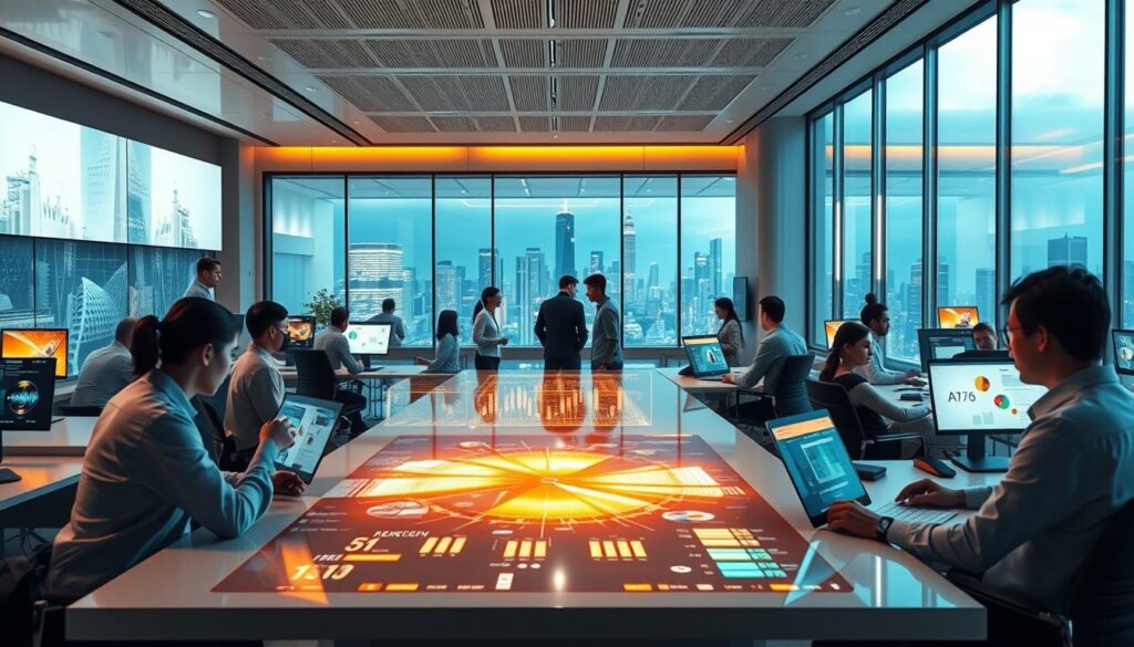 A bustling corporate office of the future, where employees of the "Carreira VIP" company collaborate and prepare for the challenges ahead. Sleek, minimalist workstations bathed in a warm, diffused light, complemented by holographic displays and advanced technological interfaces. In the middle ground, teams huddle around a large interactive table, discussing strategies and analyzing data projections. In the background, a panoramic window reveals a futuristic cityscape, signaling the company's readiness to adapt and thrive in the evolving landscape. An atmosphere of innovation, productivity, and a collective sense of purpose pervades the scene, capturing the proactive stance of businesses preparing for the jobs and opportunities of tomorrow.