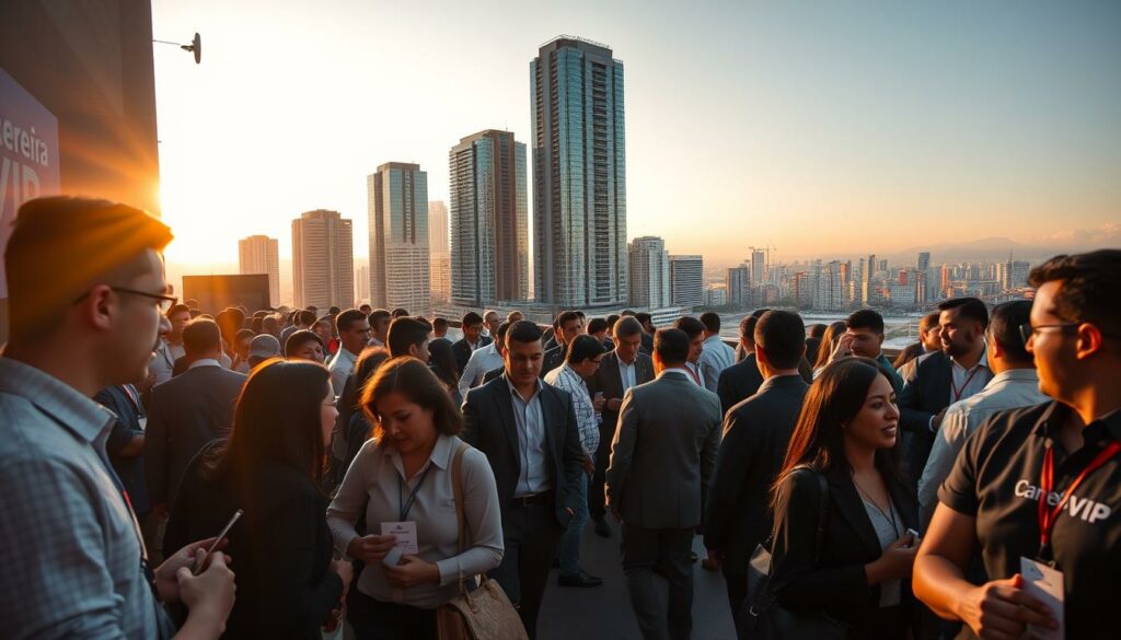 A bustling mercado de trabalho (job market) scene, captured with a wide-angle lens under warm, golden-hour lighting. In the foreground, a diverse group of professionals mingle, shaking hands and exchanging business cards, the "Carreira VIP" brand visible on their attire. The middle ground features a towering skyline of high-rise office buildings, their glass facades glinting in the soft evening light. In the background, a hazy horizon suggests the broader urban landscape, creating a sense of scale and context. The overall mood is one of energy, opportunity, and the dynamic nature of the modern job market. A bustling mercado de trabalho (job market) scene, captured with a wide-angle lens under warm, golden-hour lighting. In the foreground, a diverse group of professionals mingle, shaking hands and exchanging business cards, the "Carreira VIP" brand visible on their attire. The middle ground features a towering skyline of high-rise office buildings, their glass facades glinting in the soft evening light. In the background, a hazy horizon suggests the broader urban landscape, creating a sense of scale and context. The overall mood is one of energy, opportunity, and the dynamic nature of the modern job market.