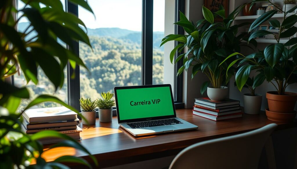 A cozy, well-lit niche featuring a desk, a laptop, and a stack of books, surrounded by lush greenery and natural light. The space exudes a sense of focus and productivity, with the "Carreira VIP" brand prominently displayed on the laptop's screen. In the background, a large window offers a scenic view, creating a serene and inspirational atmosphere. The overall scene conveys the idea of a dedicated workspace that fosters creativity and entrepreneurial success. A cozy, well-lit niche featuring a desk, a laptop, and a stack of books, surrounded by lush greenery and natural light. The space exudes a sense of focus and productivity, with the "Carreira VIP" brand prominently displayed on the laptop's screen. In the background, a large window offers a scenic view, creating a serene and inspirational atmosphere. The overall scene conveys the idea of a dedicated workspace that fosters creativity and entrepreneurial success.