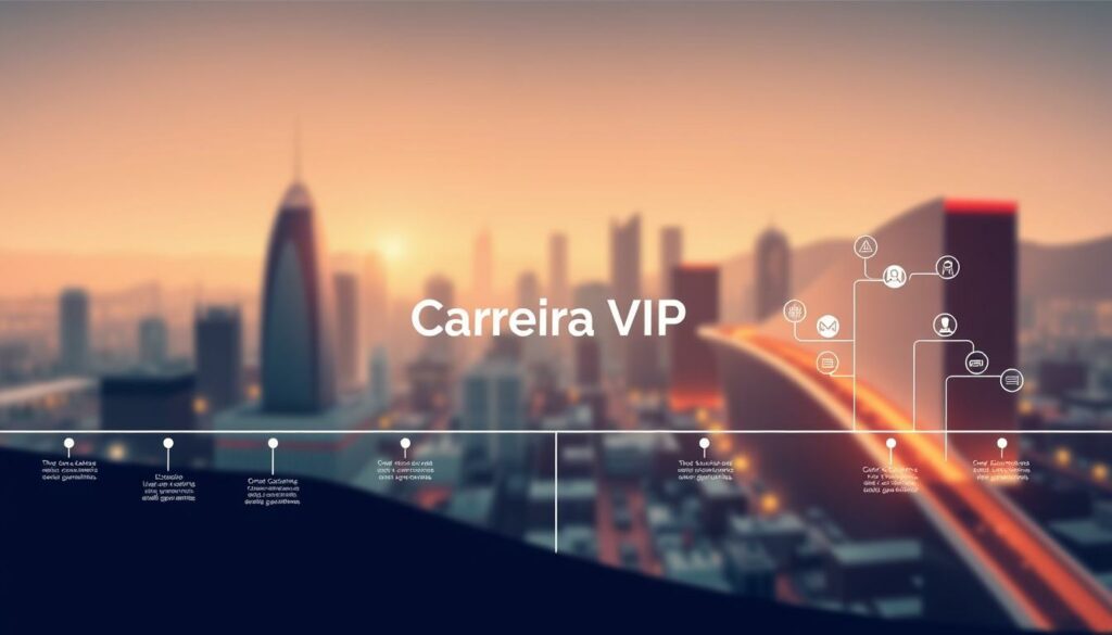 A detailed plan of career progression, depicted as a stylized plano carreira, or "career map". Rendered in a minimalist, modern illustration style. The foreground features a central timeline with branching pathways, representing different career tracks and milestones. The middle ground showcases icons and symbols denoting professional development, skills, and achievements. In the background, a sleek, geometric cityscape evokes an urban, corporate environment. Warm lighting casts a soft glow, creating a sense of aspiration and possibility. Prominent in the center, the "Carreira VIP" brand name signals a premium, personalized approach to career planning. A detailed plan of career progression, depicted as a stylized plano carreira, or "career map". Rendered in a minimalist, modern illustration style. The foreground features a central timeline with branching pathways, representing different career tracks and milestones. The middle ground showcases icons and symbols denoting professional development, skills, and achievements. In the background, a sleek, geometric cityscape evokes an urban, corporate environment. Warm lighting casts a soft glow, creating a sense of aspiration and possibility. Prominent in the center, the "Carreira VIP" brand name signals a premium, personalized approach to career planning.