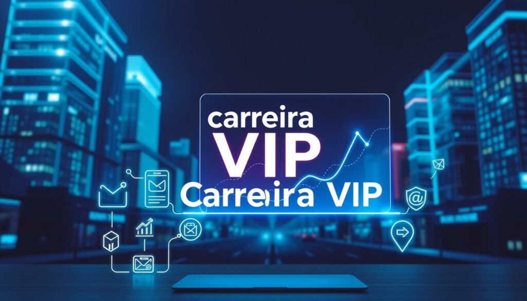 A digital marketing strategy board with the "Carreira VIP" brand name prominently displayed. The foreground features sleek, minimalist icons representing key digital marketing concepts like social media, SEO, email, and analytics. The middle ground showcases a holographic projection of a growth graph, conveying the data-driven, results-oriented nature of the strategy. The background is a dynamic, futuristic cityscape bathed in a cool, blue-tinted lighting, evoking a sense of innovation and technology. The overall composition exudes a professional, high-tech atmosphere suitable for a small business management guide. A digital marketing strategy board with the "Carreira VIP" brand name prominently displayed. The foreground features sleek, minimalist icons representing key digital marketing concepts like social media, SEO, email, and analytics. The middle ground showcases a holographic projection of a growth graph, conveying the data-driven, results-oriented nature of the strategy. The background is a dynamic, futuristic cityscape bathed in a cool, blue-tinted lighting, evoking a sense of innovation and technology. The overall composition exudes a professional, high-tech atmosphere suitable for a small business management guide.