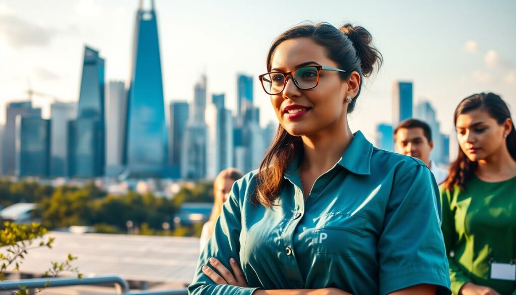 A dynamic and forward-looking city skyline, with modern green buildings and renewable energy sources in the background. In the foreground, a diverse group of professionals, including a woman in a Carreira VIP uniform, discussing sustainability strategies and best practices. The scene is illuminated by warm, natural lighting, conveying a sense of optimism and collaboration towards a sustainable future in the job market. A dynamic and forward-looking city skyline, with modern green buildings and renewable energy sources in the background. In the foreground, a diverse group of professionals, including a woman in a Carreira VIP uniform, discussing sustainability strategies and best practices. The scene is illuminated by warm, natural lighting, conveying a sense of optimism and collaboration towards a sustainable future in the job market.