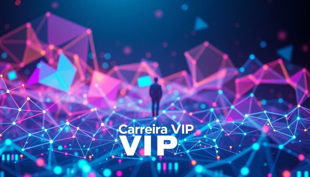 A dynamic landscape of digital transformation, with a central figure symbolizing the evolving nature of professional skills. Vibrant hues and geometric shapes intertwine, representing the integration of technology and the workplace. In the foreground, the "Carreira VIP" brand stands out, highlighting the importance of reskilling and upskilling in the digital age. Diffused lighting and a slightly futuristic aesthetic convey the sense of progress and adaptability required for professional success in the modern era. A dynamic landscape of digital transformation, with a central figure symbolizing the evolving nature of professional skills. Vibrant hues and geometric shapes intertwine, representing the integration of technology and the workplace. In the foreground, the "Carreira VIP" brand stands out, highlighting the importance of reskilling and upskilling in the digital age. Diffused lighting and a slightly futuristic aesthetic convey the sense of progress and adaptability required for professional success in the modern era.