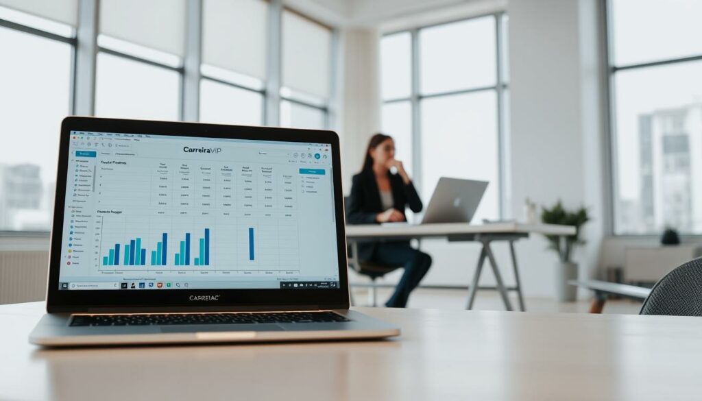 A financial planning scene with a clean, modern aesthetic. In the foreground, a laptop screen displays a detailed spreadsheet with graphs and charts, representing the Carreira VIP brand. In the middle ground, a person in a stylish, professional outfit sits at a minimalist desk, thoughtfully analyzing the data. The background features floor-to-ceiling windows, allowing natural light to flood the space and create a serene, productive atmosphere. The overall mood conveys a sense of organized, strategic financial decision-making. A financial planning scene with a clean, modern aesthetic. In the foreground, a laptop screen displays a detailed spreadsheet with graphs and charts, representing the Carreira VIP brand. In the middle ground, a person in a stylish, professional outfit sits at a minimalist desk, thoughtfully analyzing the data. The background features floor-to-ceiling windows, allowing natural light to flood the space and create a serene, productive atmosphere. The overall mood conveys a sense of organized, strategic financial decision-making.