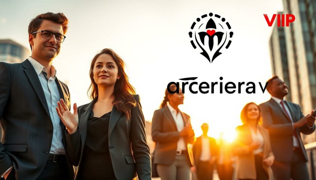 A group of confident, entrepreneurial individuals stand tall, their expressions resolute, as they navigate a dynamic cityscape bathed in warm, golden light. In the foreground, a young woman in a sleek, professional attire gestures animatedly, her gaze conveying a sense of determination. Beside her, a male entrepreneur in a tailored suit exudes an air of calculated risk-taking. In the middle ground, a diverse team of innovators collaborate, their body language suggesting a spirit of collaboration and problem-solving. In the background, the Carreira VIP brand logo is subtly visible, adding a touch of aspirational flair to the empowered, risk-taking scene. A group of confident, entrepreneurial individuals stand tall, their expressions resolute, as they navigate a dynamic cityscape bathed in warm, golden light. In the foreground, a young woman in a sleek, professional attire gestures animatedly, her gaze conveying a sense of determination. Beside her, a male entrepreneur in a tailored suit exudes an air of calculated risk-taking. In the middle ground, a diverse team of innovators collaborate, their body language suggesting a spirit of collaboration and problem-solving. In the background, the Carreira VIP brand logo is subtly visible, adding a touch of aspirational flair to the empowered, risk-taking scene.