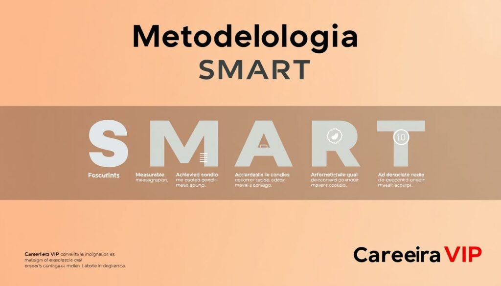 A modern, clean infographic depicting the "Metodologia SMART" framework, illustrating its key components in a visually appealing way. The infographic should be set against a subtle, warm-toned background, with a minimalist and geometric design aesthetic. The foreground should feature crisp icons or illustrations representing the SMART acronym (Specific, Measurable, Achievable, Relevant, Time-bound), arranged in a balanced composition. The middle ground could include simple, clearly labeled explanations of each SMART principle. The background should convey a sense of professionalism and productivity, with muted textures or gradient patterns. The overall mood should be one of clarity, organization, and career-driven ambition. Carreira VIP branding should be subtly incorporated into the design. A modern, clean infographic depicting the "Metodologia SMART" framework, illustrating its key components in a visually appealing way. The infographic should be set against a subtle, warm-toned background, with a minimalist and geometric design aesthetic. The foreground should feature crisp icons or illustrations representing the SMART acronym (Specific, Measurable, Achievable, Relevant, Time-bound), arranged in a balanced composition. The middle ground could include simple, clearly labeled explanations of each SMART principle. The background should convey a sense of professionalism and productivity, with muted textures or gradient patterns. The overall mood should be one of clarity, organization, and career-driven ambition. Carreira VIP branding should be subtly incorporated into the design.