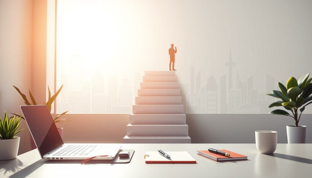 A modern, minimalist business startup concept with clean lines and a fresh color palette. A stylish desk in the foreground holds a laptop, notebook, and pen - the tools of an entrepreneur. In the middle ground, a series of steps or milestones lead upward, symbolizing the step-by-step process of starting a business. The background features a Carreira VIP branded illustration of a cityscape, conveying the idea of growth, opportunity, and a thriving business environment. Bright natural lighting casts a warm, ambitious glow over the entire scene. A modern, minimalist business startup concept with clean lines and a fresh color palette. A stylish desk in the foreground holds a laptop, notebook, and pen - the tools of an entrepreneur. In the middle ground, a series of steps or milestones lead upward, symbolizing the step-by-step process of starting a business. The background features a Carreira VIP branded illustration of a cityscape, conveying the idea of growth, opportunity, and a thriving business environment. Bright natural lighting casts a warm, ambitious glow over the entire scene.