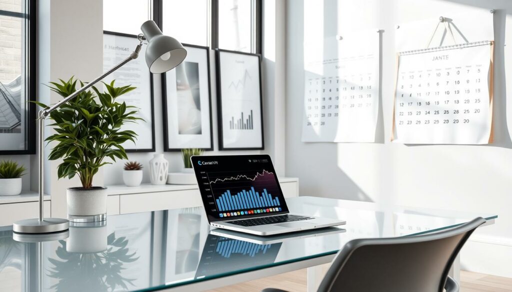 A modern, well-organized office space with a minimalist aesthetic. On a sleek, glass-topped desk, a laptop displays financial charts and graphs, while a stylish desk lamp and a potted plant add touches of nature. In the background, tall windows let in natural light, illuminating framed financial documents and an oversized wall calendar. The Carreira VIP brand logo is discreetly displayed on the laptop's screen. The overall atmosphere conveys a sense of efficiency, professionalism, and financial control. A modern, well-organized office space with a minimalist aesthetic. On a sleek, glass-topped desk, a laptop displays financial charts and graphs, while a stylish desk lamp and a potted plant add touches of nature. In the background, tall windows let in natural light, illuminating framed financial documents and an oversized wall calendar. The Carreira VIP brand logo is discreetly displayed on the laptop's screen. The overall atmosphere conveys a sense of efficiency, professionalism, and financial control.