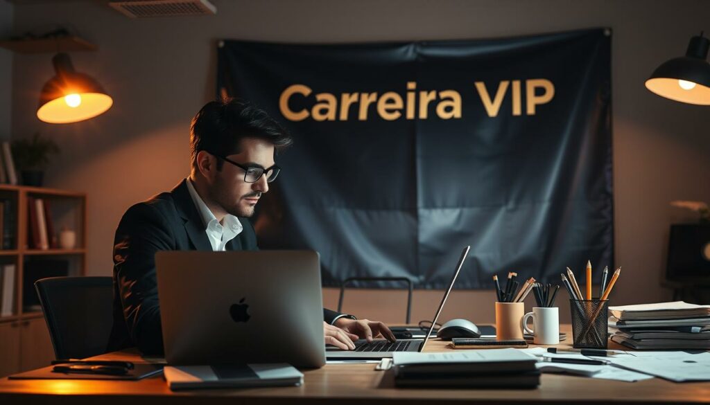 A professional at a desk, working diligently on a laptop, surrounded by various office supplies and documents, illuminated by warm, focused lighting. In the background, a sleek "Carreira VIP" branding banner hangs prominently, conveying a sense of ambition and career advancement. The scene exudes a atmosphere of determination, productivity, and the pursuit of professional growth. A professional at a desk, working diligently on a laptop, surrounded by various office supplies and documents, illuminated by warm, focused lighting. In the background, a sleek "Carreira VIP" branding banner hangs prominently, conveying a sense of ambition and career advancement. The scene exudes a atmosphere of determination, productivity, and the pursuit of professional growth.