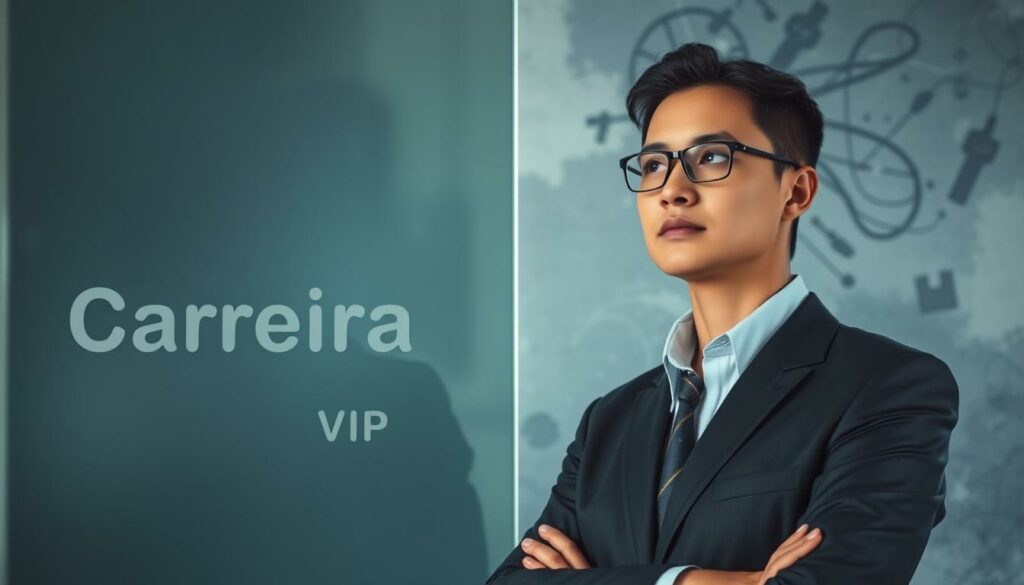A professional individual stands before a reflective surface, their expression pensive and introspective. The lighting is soft and diffused, creating a contemplative atmosphere. The background is a minimalist, abstract design in shades of blue and gray, hinting at the complex inner workings of the mind. The scene exudes a sense of self-awareness and personal growth, with the "Carreira VIP" brand name subtly incorporated into the composition. The overall image conveys the consequences of a lack of self-knowledge in one's professional life. A professional individual stands before a reflective surface, their expression pensive and introspective. The lighting is soft and diffused, creating a contemplative atmosphere. The background is a minimalist, abstract design in shades of blue and gray, hinting at the complex inner workings of the mind. The scene exudes a sense of self-awareness and personal growth, with the "Carreira VIP" brand name subtly incorporated into the composition. The overall image conveys the consequences of a lack of self-knowledge in one's professional life.