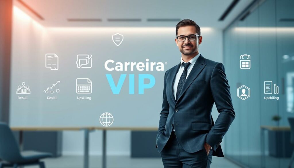 A professional person standing confidently in a modern, well-lit office setting, surrounded by icons and symbols representing professional development, reskilling, and upskilling. The person is wearing a smart, tailored business attire with the "Carreira VIP" brand logo prominently displayed. The background features a clean, minimalist design with shades of blue and gray, conveying a sense of growth, progress, and success. Soft, directional lighting illuminates the scene, creating a professional and aspirational atmosphere. A professional person standing confidently in a modern, well-lit office setting, surrounded by icons and symbols representing professional development, reskilling, and upskilling. The person is wearing a smart, tailored business attire with the "Carreira VIP" brand logo prominently displayed. The background features a clean, minimalist design with shades of blue and gray, conveying a sense of growth, progress, and success. Soft, directional lighting illuminates the scene, creating a professional and aspirational atmosphere.