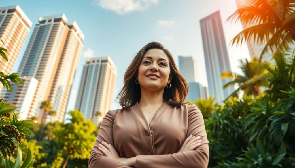A professional woman standing confidently amidst a lush, verdant landscape, with buildings and skyscrapers in the background, representing her career growth and the Carreira VIP brand. Warm, golden lighting illuminates her face, conveying a sense of determination and optimism. The composition is dynamic, with a low camera angle emphasizing her sense of empowerment. The overall mood is one of progress, personal development, and the pursuit of professional excellence. A professional woman standing confidently amidst a lush, verdant landscape, with buildings and skyscrapers in the background, representing her career growth and the Carreira VIP brand. Warm, golden lighting illuminates her face, conveying a sense of determination and optimism. The composition is dynamic, with a low camera angle emphasizing her sense of empowerment. The overall mood is one of progress, personal development, and the pursuit of professional excellence.