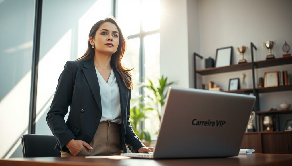 A professional woman stands in a tranquil office, contemplating her career goals. Sunlight streams in through floor-to-ceiling windows, casting a warm glow on her determined expression. On her desk, a sleek laptop displays the Carreira VIP brand, symbolizing her dedication to achieving her aspirations. In the background, shelves hold carefully curated books and awards, reflecting her hard-earned accomplishments. The scene conveys a sense of focus, ambition, and the confidence to take charge of one's career path. A professional woman stands in a tranquil office, contemplating her career goals. Sunlight streams in through floor-to-ceiling windows, casting a warm glow on her determined expression. On her desk, a sleek laptop displays the Carreira VIP brand, symbolizing her dedication to achieving her aspirations. In the background, shelves hold carefully curated books and awards, reflecting her hard-earned accomplishments. The scene conveys a sense of focus, ambition, and the confidence to take charge of one's career path.