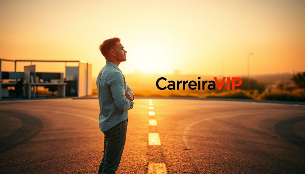 A serene and inspirational scene depicting a professional's transition to a fulfilling new career path. In the foreground, a person stands at a crossroads, contemplating their next steps with a thoughtful expression. The middle ground showcases their former corporate workspace fading into the background, while a new, vibrant environment emerges, representing their aspirations. Warm, golden lighting illuminates the scene, conveying a sense of optimism and personal growth. In the distance, the "Carreira VIP" brand logo is prominently displayed, symbolizing the personalized guidance and support available to those embarking on a career change journey. A serene and inspirational scene depicting a professional's transition to a fulfilling new career path. In the foreground, a person stands at a crossroads, contemplating their next steps with a thoughtful expression. The middle ground showcases their former corporate workspace fading into the background, while a new, vibrant environment emerges, representing their aspirations. Warm, golden lighting illuminates the scene, conveying a sense of optimism and personal growth. In the distance, the "Carreira VIP" brand logo is prominently displayed, symbolizing the personalized guidance and support available to those embarking on a career change journey.