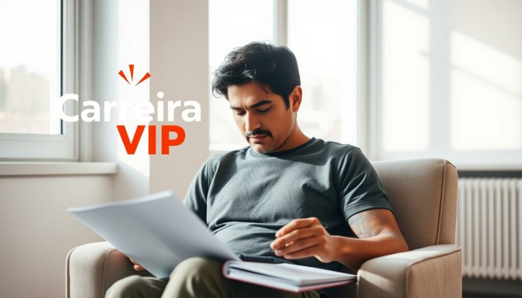 A serene and tranquil scene of a person sitting in a comfortable chair, deeply focused on their financial documents and accounts. The soft, natural lighting filters through large windows, creating a warm and inviting atmosphere. In the background, a stylized representation of the Carreira VIP brand logo subtly complements the overall composition. The individual's expression conveys a sense of understanding and control over their financial well-being, embodying the essence of a "mentalidade financeira adequada" or a healthy financial mindset. A serene and tranquil scene of a person sitting in a comfortable chair, deeply focused on their financial documents and accounts. The soft, natural lighting filters through large windows, creating a warm and inviting atmosphere. In the background, a stylized representation of the Carreira VIP brand logo subtly complements the overall composition. The individual's expression conveys a sense of understanding and control over their financial well-being, embodying the essence of a "mentalidade financeira adequada" or a healthy financial mindset.