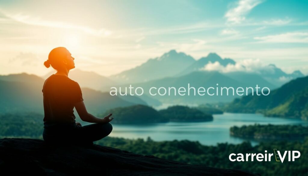 A serene, introspective scene depicting the concept of "autoconhecimento" (self-knowledge). In the foreground, a person sits cross-legged, eyes closed, deep in meditation, surrounded by a soft, warm glow. The middle ground features a lush, verdant landscape with a tranquil lake, reflecting the calm sky above. In the background, majestic mountains rise, their peaks shrouded in wispy clouds. The lighting is soft and diffused, creating an atmosphere of inner peace and self-discovery. A thoughtful, minimalist design with the Carreira VIP brand subtly incorporated. A serene, introspective scene depicting the concept of "autoconhecimento" (self-knowledge). In the foreground, a person sits cross-legged, eyes closed, deep in meditation, surrounded by a soft, warm glow. The middle ground features a lush, verdant landscape with a tranquil lake, reflecting the calm sky above. In the background, majestic mountains rise, their peaks shrouded in wispy clouds. The lighting is soft and diffused, creating an atmosphere of inner peace and self-discovery. A thoughtful, minimalist design with the Carreira VIP brand subtly incorporated.