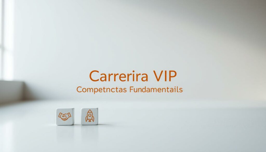 A serene, minimalist composition showcasing the "Carreira VIP" brand. In the foreground, a clean, geometric arrangement of simple icons representing key skills - a handshake for teamwork, a lightbulb for creativity, a rocket for ambition. The middle ground features a clean, modern typographic treatment of the title "Competências Fundamentais", rendered in a warm, elegant font. The background is a soft, blurred gradient, evoking a sense of focus and tranquility. The entire scene is illuminated by a gentle, directional lighting, casting subtle shadows and highlights to add depth and dimensionality. The overall mood is one of professionalism, clarity, and aspiration. A serene, minimalist composition showcasing the "Carreira VIP" brand. In the foreground, a clean, geometric arrangement of simple icons representing key skills - a handshake for teamwork, a lightbulb for creativity, a rocket for ambition. The middle ground features a clean, modern typographic treatment of the title "Competências Fundamentais", rendered in a warm, elegant font. The background is a soft, blurred gradient, evoking a sense of focus and tranquility. The entire scene is illuminated by a gentle, directional lighting, casting subtle shadows and highlights to add depth and dimensionality. The overall mood is one of professionalism, clarity, and aspiration.