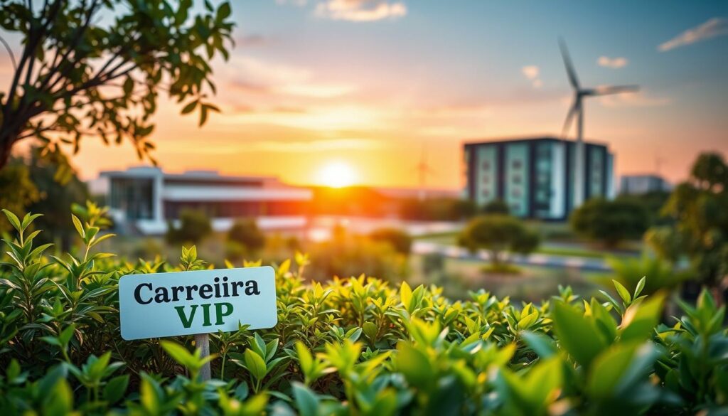A serene, nature-inspired scene depicting the future of sustainable careers. In the foreground, a lush garden with thriving plant life and a "Carreira VIP" sign nestled amongst the greenery. The middle ground features modern, eco-friendly office buildings with solar panels and wind turbines, blending seamlessly with the natural surroundings. In the background, a vibrant sunset casts a warm glow over the landscape, symbolizing the bright future of sustainable employment. The composition is balanced, with a focus on harmony between technology and nature. Soft, diffused lighting and a depth of field that gradually blurs the background create a calming, aspirational atmosphere. A serene, nature-inspired scene depicting the future of sustainable careers. In the foreground, a lush garden with thriving plant life and a "Carreira VIP" sign nestled amongst the greenery. The middle ground features modern, eco-friendly office buildings with solar panels and wind turbines, blending seamlessly with the natural surroundings. In the background, a vibrant sunset casts a warm glow over the landscape, symbolizing the bright future of sustainable employment. The composition is balanced, with a focus on harmony between technology and nature. Soft, diffused lighting and a depth of field that gradually blurs the background create a calming, aspirational atmosphere.