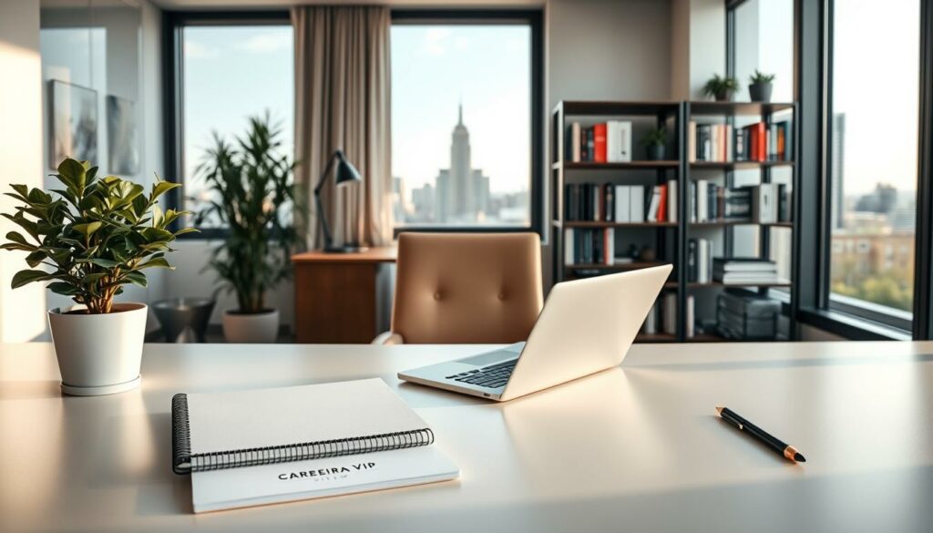 A serene office scene with a modern, minimalist workspace. In the foreground, a clean and uncluttered desk with a laptop, a Carreira VIP branded notepad, and a potted plant. The mid-ground features a comfortable office chair and a bookshelf filled with relevant career-focused titles. The background showcases a large window overlooking a cityscape, allowing natural light to flood the space. The overall atmosphere is one of focus, organization, and a sense of thoughtful self-evaluation. The lighting is soft and warm, creating a contemplative mood. A serene office scene with a modern, minimalist workspace. In the foreground, a clean and uncluttered desk with a laptop, a Carreira VIP branded notepad, and a potted plant. The mid-ground features a comfortable office chair and a bookshelf filled with relevant career-focused titles. The background showcases a large window overlooking a cityscape, allowing natural light to flood the space. The overall atmosphere is one of focus, organization, and a sense of thoughtful self-evaluation. The lighting is soft and warm, creating a contemplative mood.
