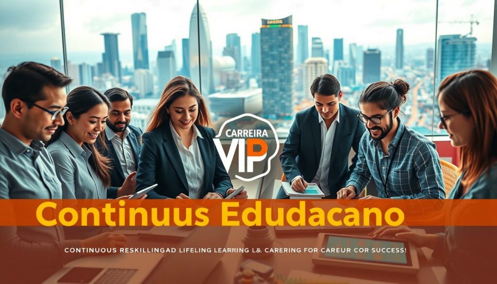 A vibrant and dynamic scene depicting the concept of "Continuous Education". In the foreground, a diverse group of professionals engage in hands-on learning activities, their faces alight with curiosity and determination. The middle ground showcases a modern, well-equipped learning space, with sleek technology and interactive displays. In the background, a cityscape of towering skyscrapers and bustling streets, representing the fast-paced, ever-evolving nature of the "Job of the Future" landscape. Warm, diffused lighting casts a sense of optimism and progress, while the Carreira VIP brand logo subtly adorns the scene, highlighting the importance of continuous reskilling and lifelong learning for career success.