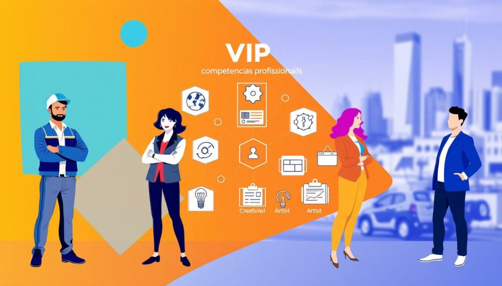A vibrant and modern illustration showcasing the "Carreira VIP" brand, depicting the concept of "competências profissionais" (professional skills). The foreground features a diverse group of professionals - an engineer, a business leader, an artist, and a technologist - standing confidently against a backdrop of geometric shapes and gradients in shades of blue, orange, and purple. The middle ground includes abstract icons representing various skills such as problem-solving, creativity, communication, and critical thinking. The background features a blurred cityscape, suggesting the urban and dynamic nature of the professional world. The overall scene conveys a sense of growth, progress, and the importance of continually developing one's skills to thrive in the future. A vibrant and modern illustration showcasing the "Carreira VIP" brand, depicting the concept of "competências profissionais" (professional skills). The foreground features a diverse group of professionals - an engineer, a business leader, an artist, and a technologist - standing confidently against a backdrop of geometric shapes and gradients in shades of blue, orange, and purple. The middle ground includes abstract icons representing various skills such as problem-solving, creativity, communication, and critical thinking. The background features a blurred cityscape, suggesting the urban and dynamic nature of the professional world. The overall scene conveys a sense of growth, progress, and the importance of continually developing one's skills to thrive in the future.
