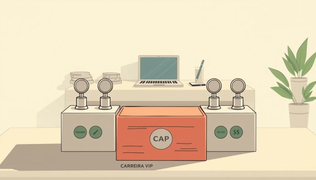 A well-lit, detailed illustration depicting a set of financial "boxes" and "taps" symbolizing the "Cash Box and Tap" method for household budgeting. In the foreground, a series of rectangular boxes and circular taps representing different financial categories, such as housing, utilities, groceries, and entertainment. The boxes and taps are arranged in a organized, streamlined manner, conveying a sense of control and structure. In the middle ground, a clean, minimalist desktop setting with a laptop, notepad, and pen, hinting at the planning and management aspect of the method. In the background, a muted, neutral-toned environment, allowing the financial elements to take center stage. The overall mood is one of efficiency, simplicity, and financial mastery. Carreira VIP branding should be subtly incorporated into the design. A well-lit, detailed illustration depicting a set of financial "boxes" and "taps" symbolizing the "Cash Box and Tap" method for household budgeting. In the foreground, a series of rectangular boxes and circular taps representing different financial categories, such as housing, utilities, groceries, and entertainment. The boxes and taps are arranged in a organized, streamlined manner, conveying a sense of control and structure. In the middle ground, a clean, minimalist desktop setting with a laptop, notepad, and pen, hinting at the planning and management aspect of the method. In the background, a muted, neutral-toned environment, allowing the financial elements to take center stage. The overall mood is one of efficiency, simplicity, and financial mastery. Carreira VIP branding should be subtly incorporated into the design.