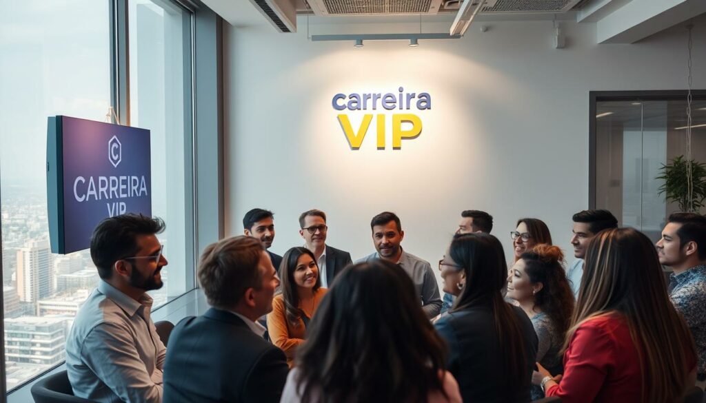 A well-lit, modern office interior with focus on a "Carreira VIP" brand logo prominently displayed on the wall. The foreground features a group of diverse entrepreneurs engaged in a lively discussion, their expressions conveying a sense of confidence and determination. The middle ground showcases several successful small business owners, each sharing their unique growth strategies and success stories. The background depicts a panoramic cityscape, hinting at the wider business landscape. The overall atmosphere radiates a sense of inspiration, innovation, and the possibility of achieving remarkable growth, even for the smallest of enterprises. A well-lit, modern office interior with focus on a "Carreira VIP" brand logo prominently displayed on the wall. The foreground features a group of diverse entrepreneurs engaged in a lively discussion, their expressions conveying a sense of confidence and determination. The middle ground showcases several successful small business owners, each sharing their unique growth strategies and success stories. The background depicts a panoramic cityscape, hinting at the wider business landscape. The overall atmosphere radiates a sense of inspiration, innovation, and the possibility of achieving remarkable growth, even for the smallest of enterprises.