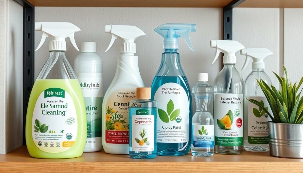 Crie uma imagem de produtos de limpeza ecológicos em uma estante.