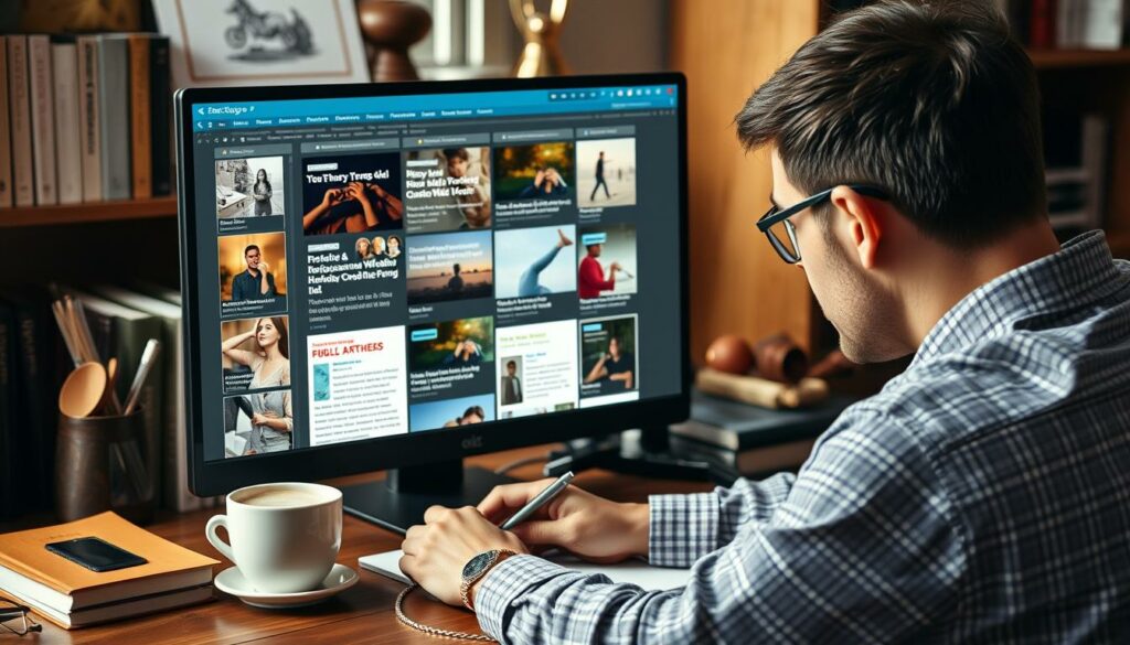 Crie uma imagem de um escritor trabalhando em um blog com várias postagens populares.