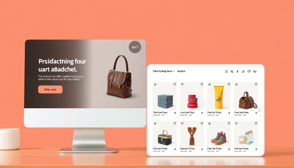 Crie uma imagem de uma loja virtual com uma interface amigável e produtos atraentes.