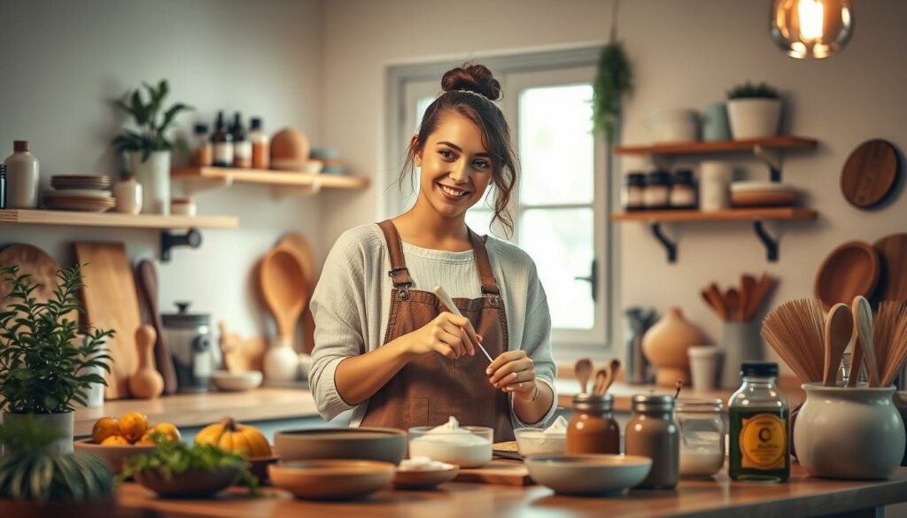 Crie uma imagem de uma pessoa preparando cosméticos naturais em uma cozinha.