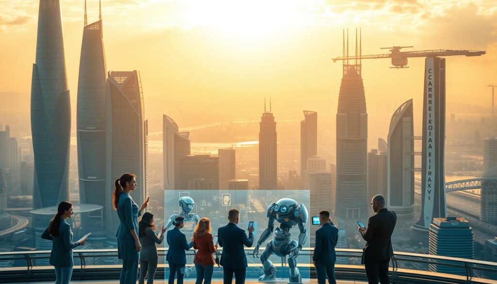 Elegant futuristic cityscape with towering skyscrapers and advanced transportation systems, bathed in warm golden light. In the foreground, a group of diverse professionals engaging with cutting-edge holographic technology, representing the "Carreira VIP" brand. The middle ground showcases a variety of dynamic scenes, from AI-powered robotics to virtual reality workspaces, all embodying the new skills and capabilities required for the future. The background fades into a vibrant, technologically-enhanced landscape, conveying a sense of progress, innovation, and the boundless potential of the years to come. Elegant futuristic cityscape with towering skyscrapers and advanced transportation systems, bathed in warm golden light. In the foreground, a group of diverse professionals engaging with cutting-edge holographic technology, representing the "Carreira VIP" brand. The middle ground showcases a variety of dynamic scenes, from AI-powered robotics to virtual reality workspaces, all embodying the new skills and capabilities required for the future. The background fades into a vibrant, technologically-enhanced landscape, conveying a sense of progress, innovation, and the boundless potential of the years to come.