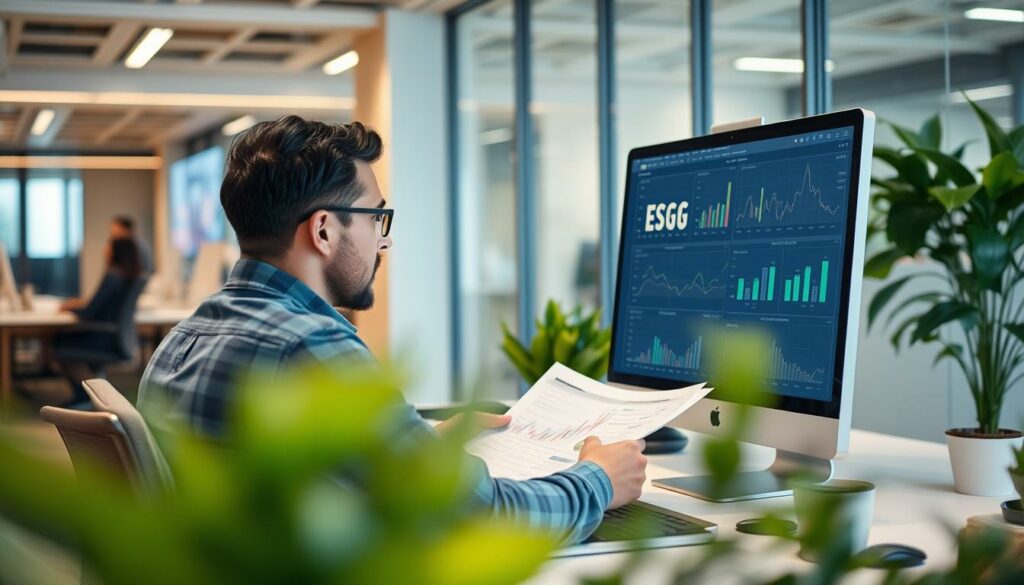 Geração de imagem: Analista de investimentos ESG analisando relatórios. Geração de imagem: Analista de investimentos ESG analisando relatórios.