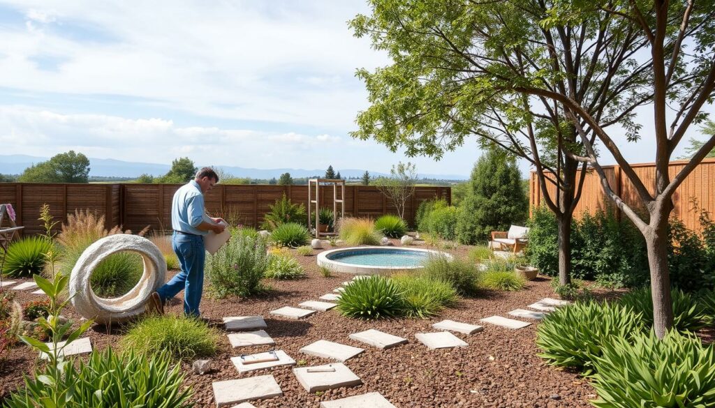 Geração de imagem: Arquiteto Paisagista criando um jardim sustentável. Geração de imagem: Arquiteto Paisagista criando um jardim sustentável.