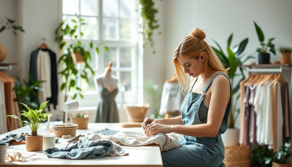 Geração de imagem: Designer de moda sustentável criando roupas ecológicas. Geração de imagem: Designer de moda sustentável criando roupas ecológicas.