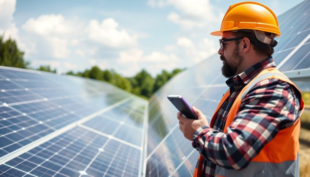 Geração de imagem: Gestor de Energia monitorando painéis solares. Geração de imagem: Gestor de Energia monitorando painéis solares.