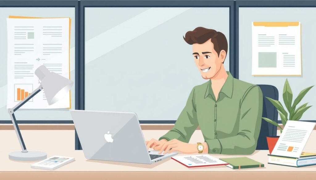 Ilustre um consultor digital trabalhando em uma mesa com um laptop e materiais de marketing.