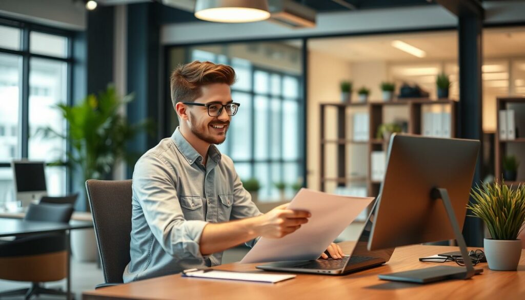 Imagem de um jovem empreendedor trabalhando em um escritório moderno